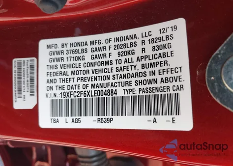 2020 Honda Civic Lx from USA, damaged, VIN 19XFC2F6XLE004884